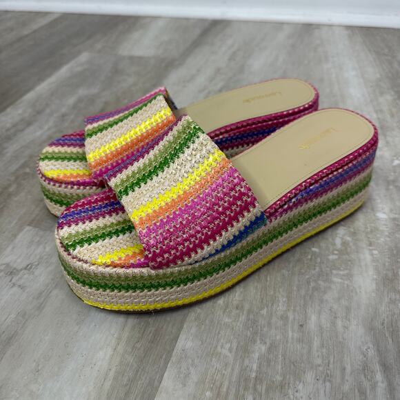 Larroude Shoes - Larroude Alex Flatform Mule In Rainbow Raffia Size 10 stripes